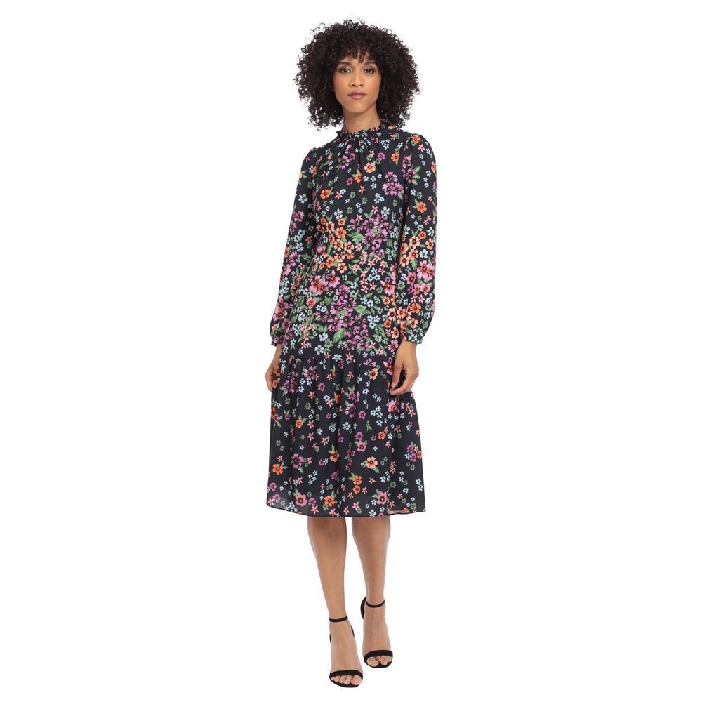 Maggy London Kiri Black Floral Midi Dress Long Sleeve A Line 12 - Picture 5 of 16